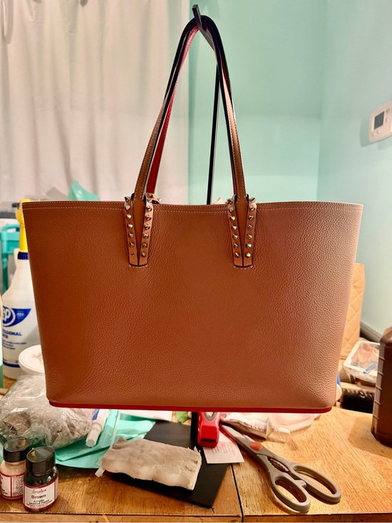 Christian Louboutin Handbags - Christian Louboutin Brown Stud-Trim Leather Tote with Red Base